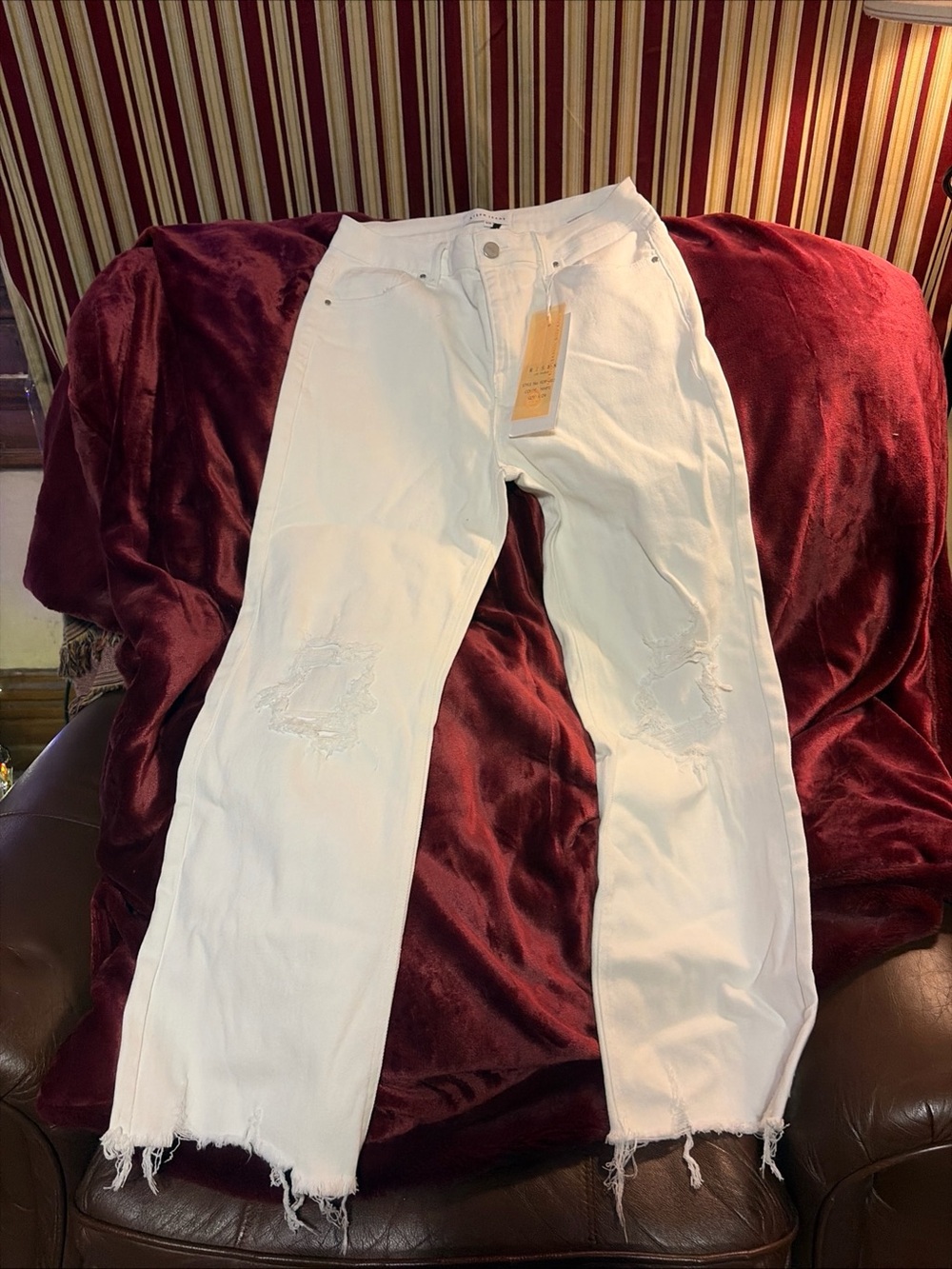 White Distressed Straight-Leg Jeans - Women's